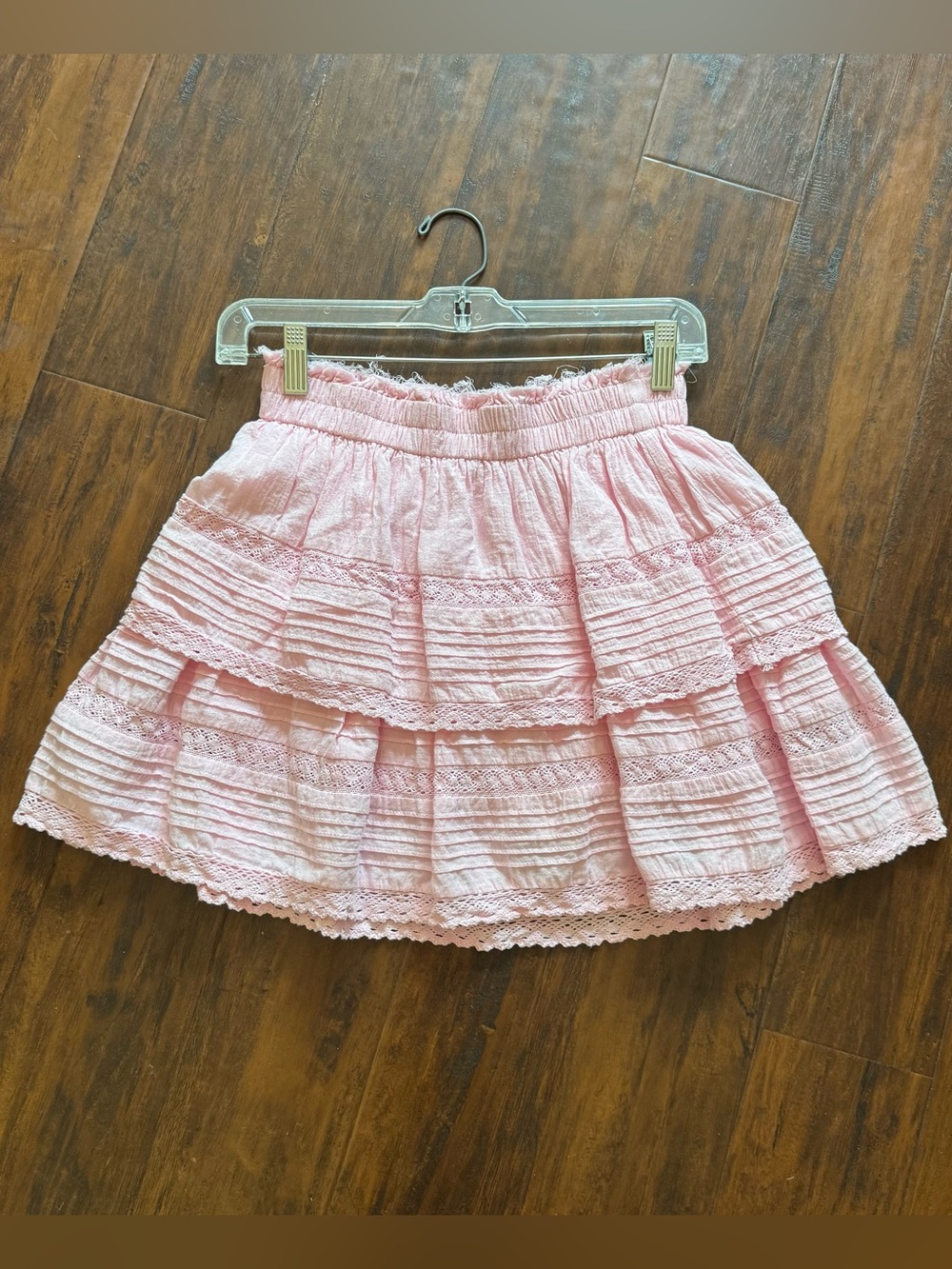 Tiered Pink Lace-Trim Skater Mini Skirt